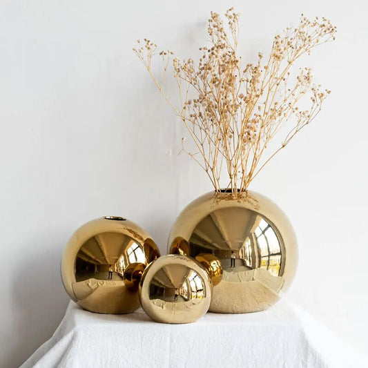 Golden Ceramic Round Vase for Home Decoration